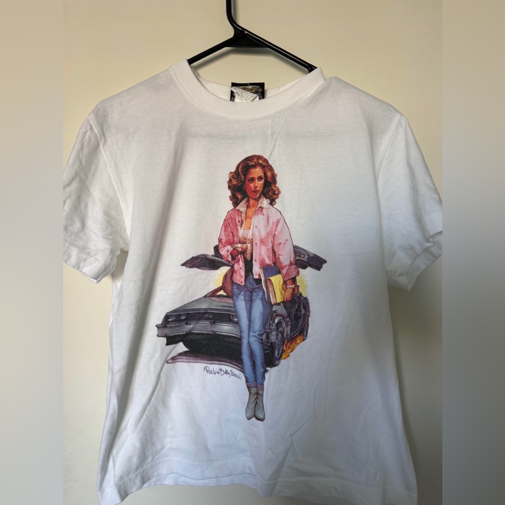 Back to the future White Graphic Short Sleeve Tee with Pink Jacket Illustration
